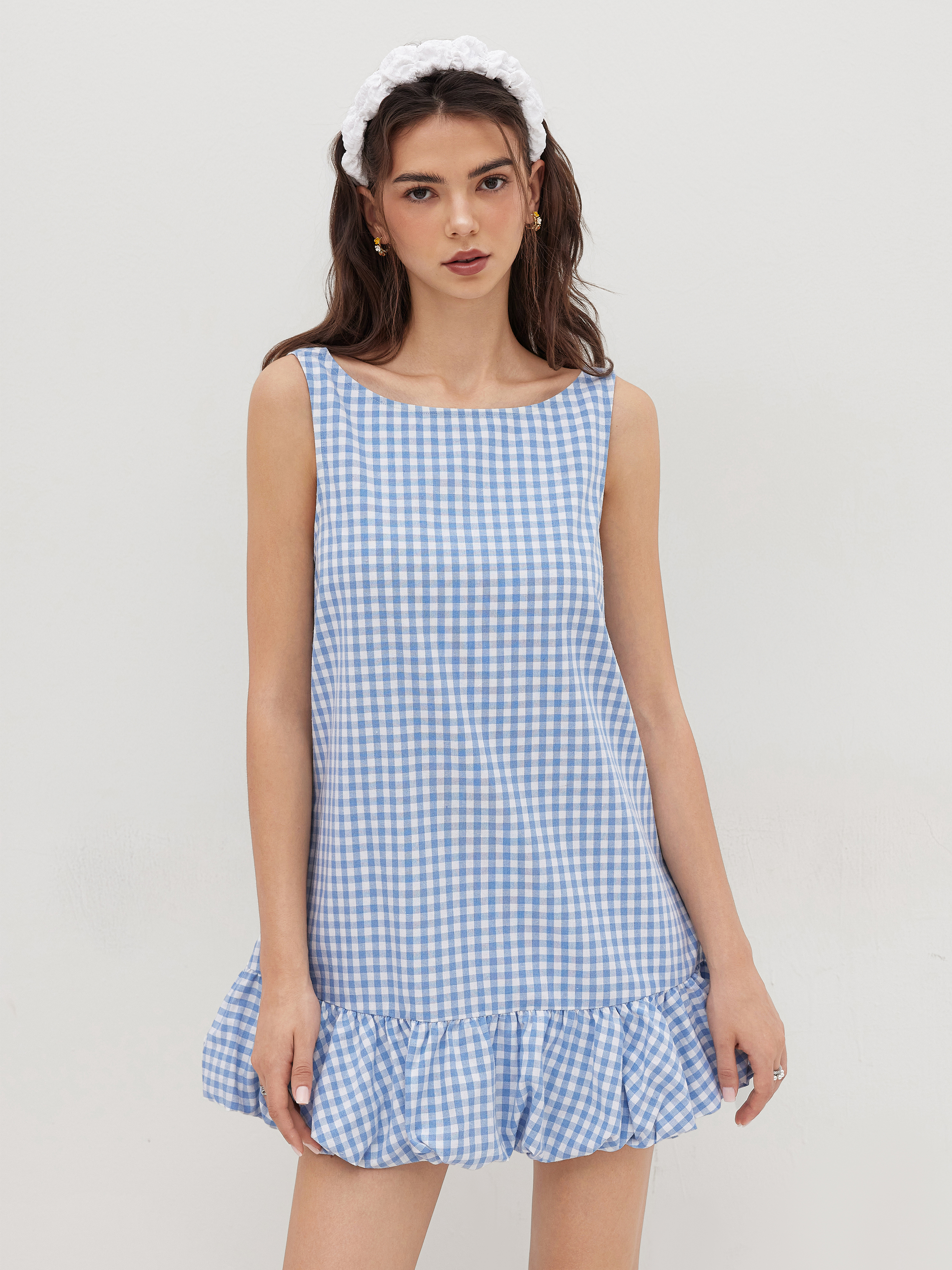 Cotton Boat Neck Gingham Bowknot Backless Bubble Hem Smock Mini Dress
