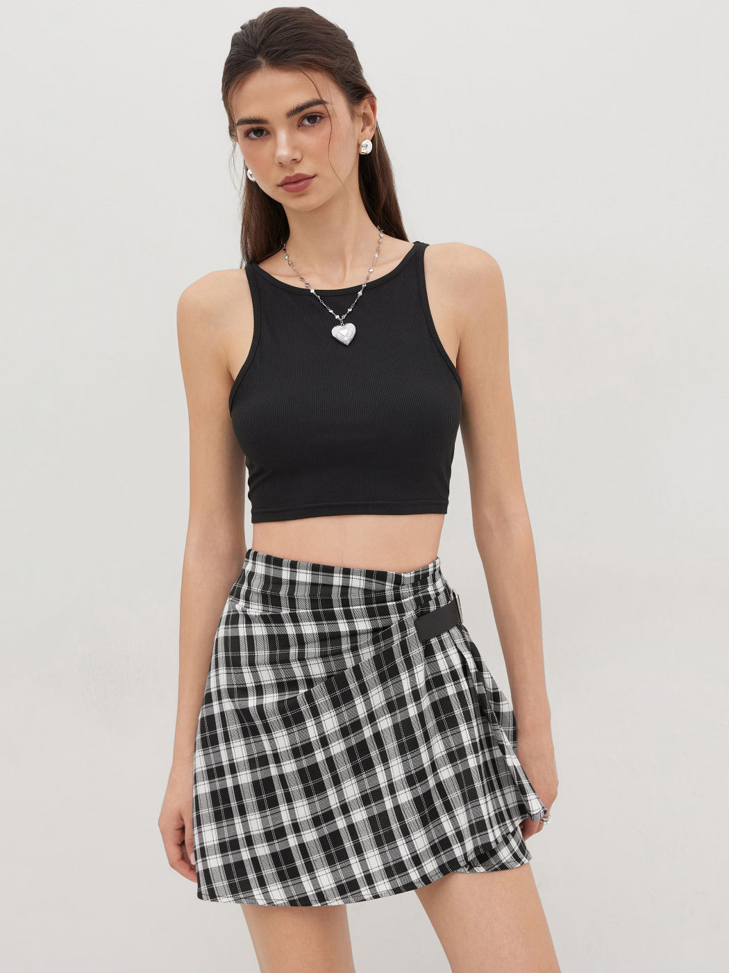Mid Rise Plaid Pleated Belted Mini Skirt