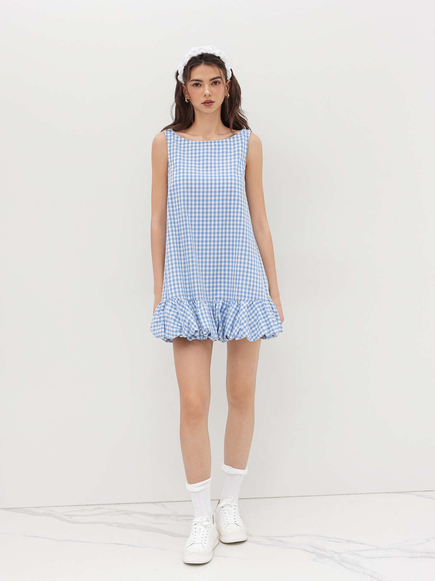 Cotton Boat Neck Gingham Bowknot Backless Bubble Hem Smock Mini Dress