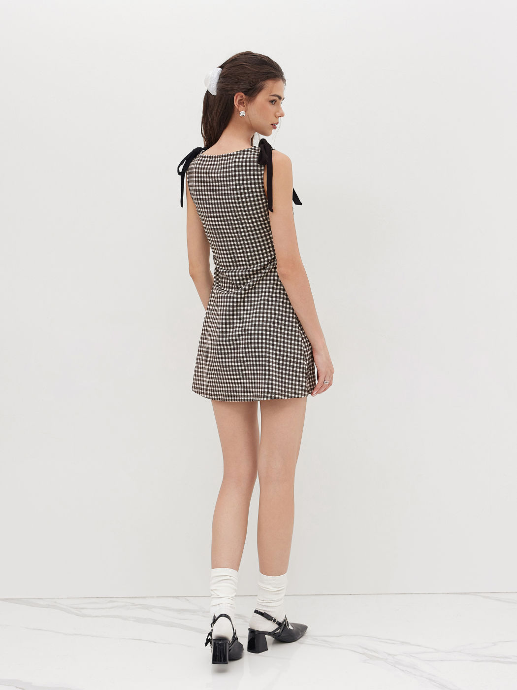 Round Neckline Gingham Bowknot Ruched Mini Dress