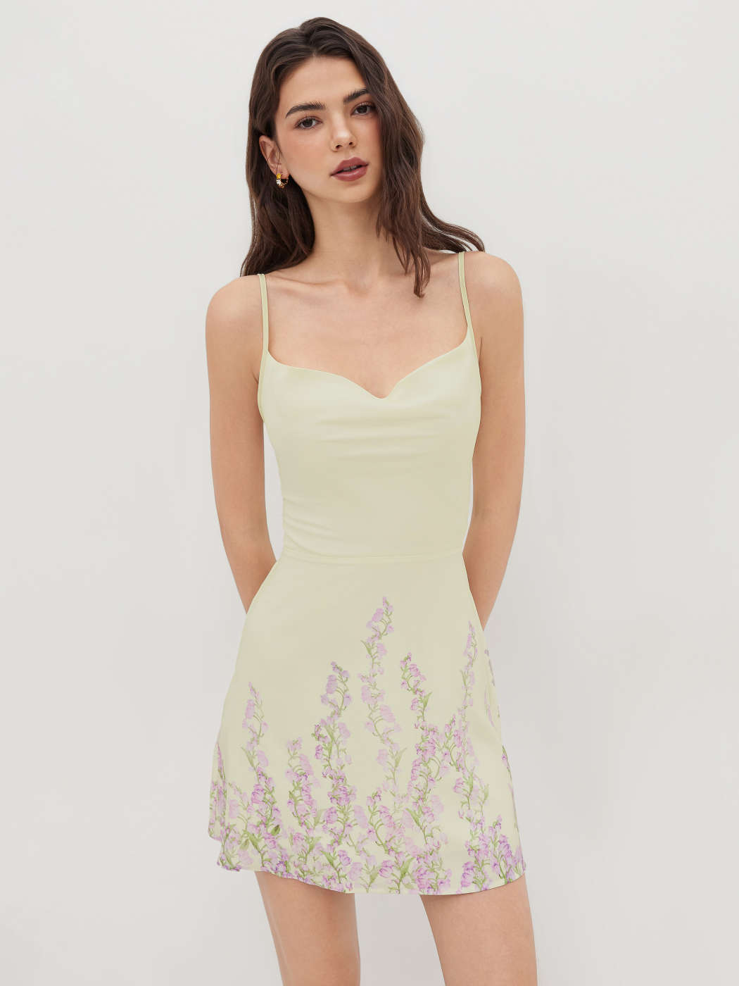 Woven Cowl Neck Floral Lace Up Mini Dress For Date