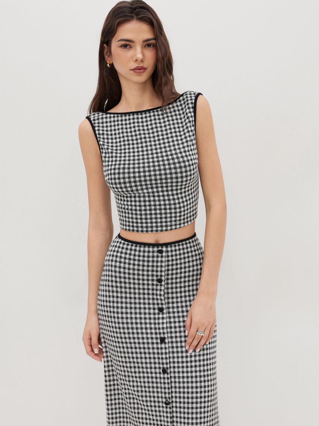 Gingham Bowknot Backless Crop Tank Top & Mid Rise Button Through Skirt Set