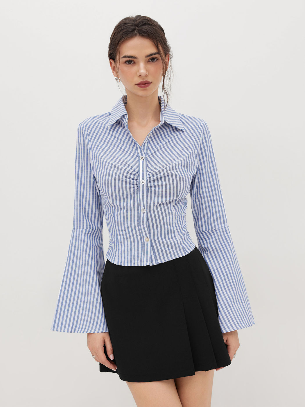 Cotton-blend Collar Stripe Ruched Bell Sleeve Shirt
