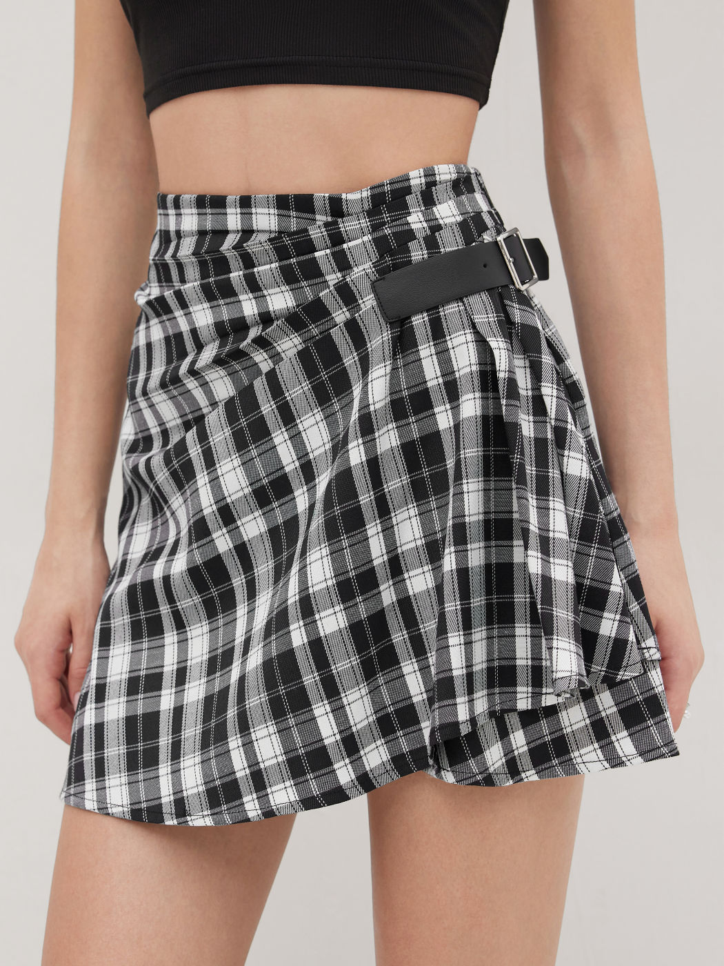 Mid Rise Plaid Pleated Belted Mini Skirt