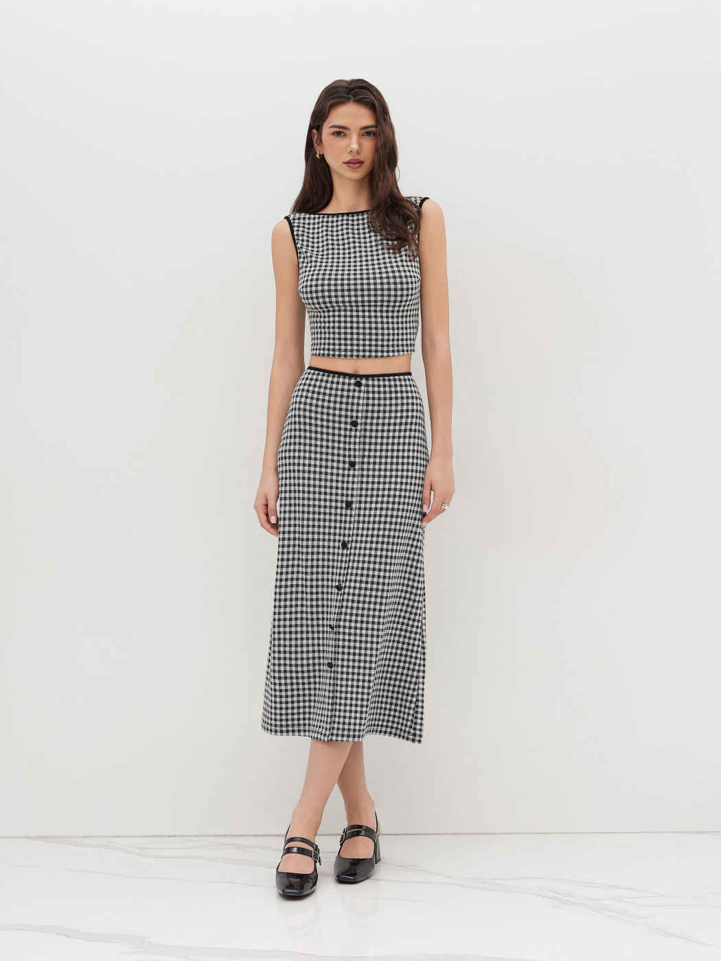Gingham Bowknot Backless Crop Tank Top & Mid Rise Button Through Skirt Set