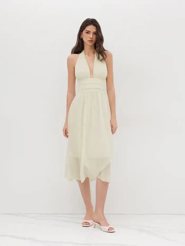 Party Dress For Party New Years Holiday Dress Chiffon Chiffon Halter Neckline Ruffle Maxi Dress For Date Party/Clubbing Party Dress For Party New Years Holiday Dress Chiffon Chiffon Halter Neckline Ruffle Maxi Dress For Date Party/Clubbing