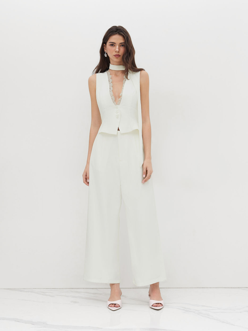 V-neck Lace Trim Wide Leg Jumpsuit With Scarf