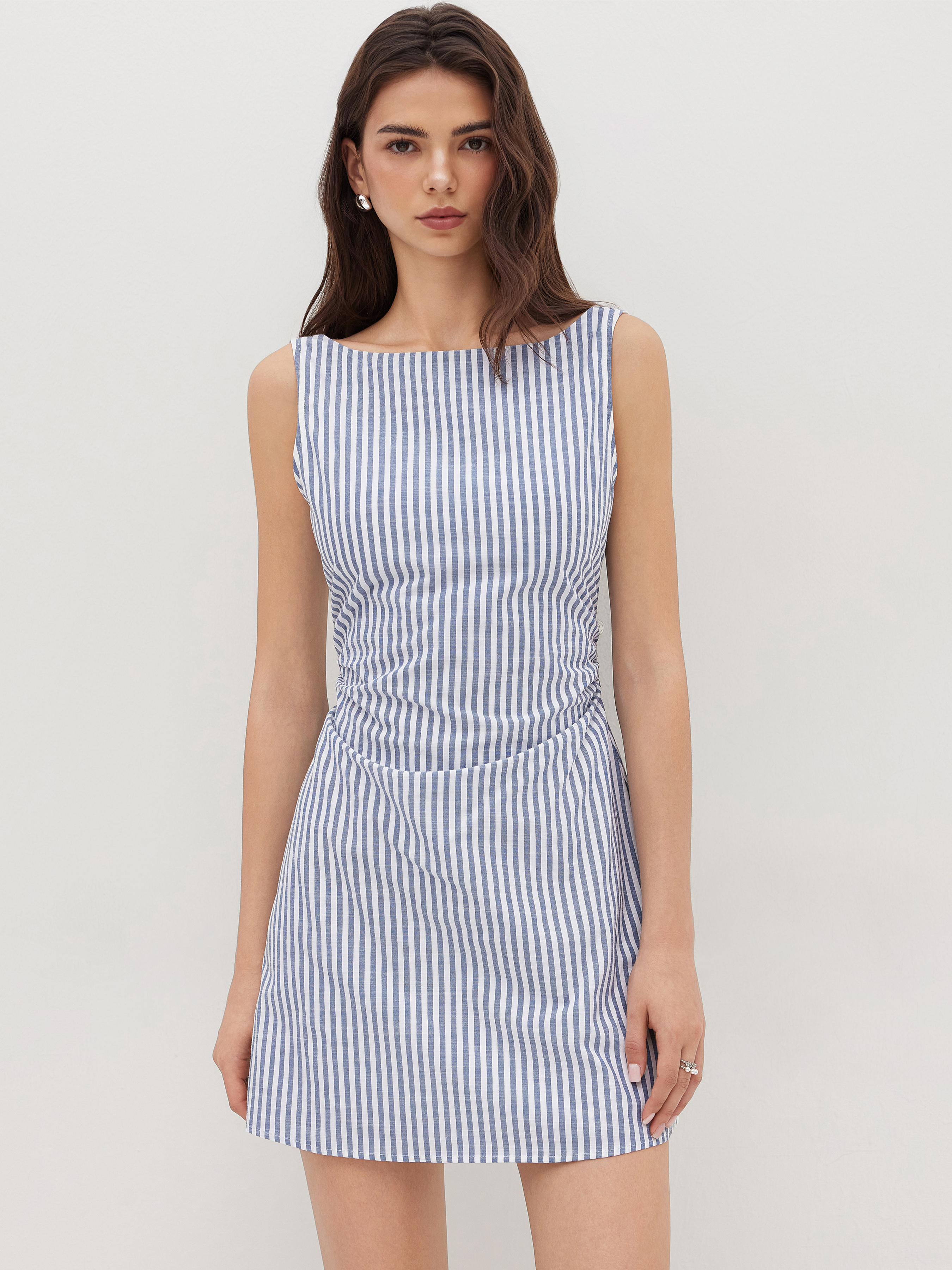 Woven Cotton-blend Boat Neck Stripe Bowknot Backless Mini