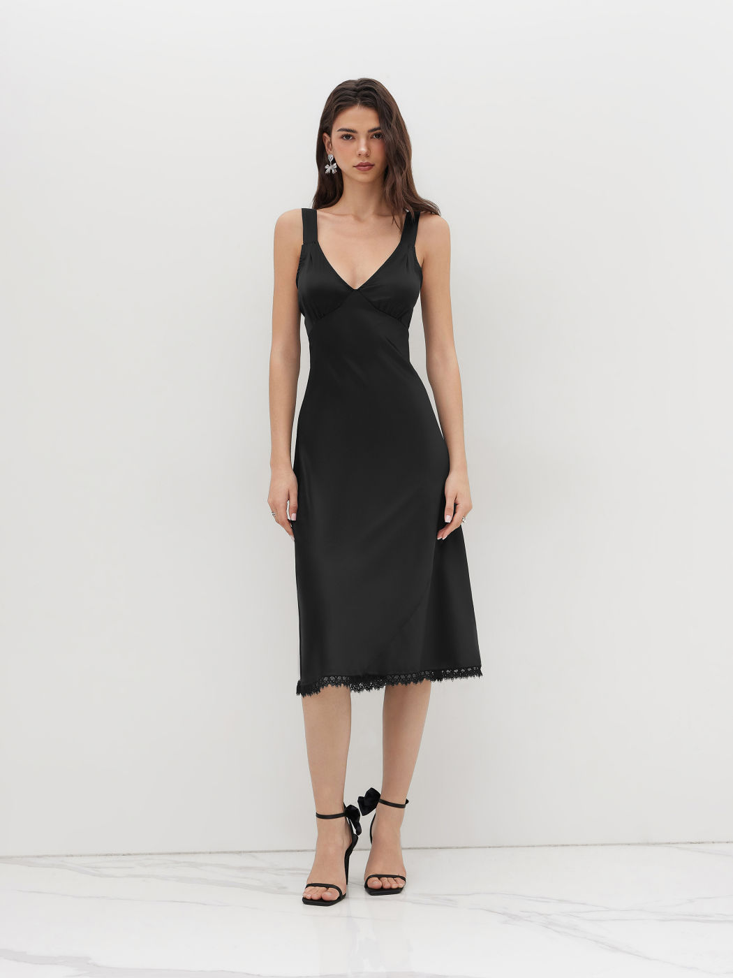 V-neck Lace Trim Midi Dress
