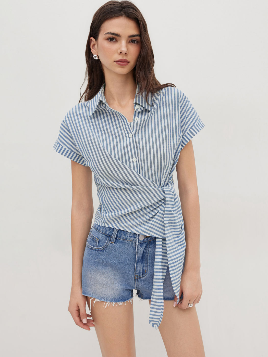 Cotton-blend Polo Stripes Knotted Short Sleeve Shirt