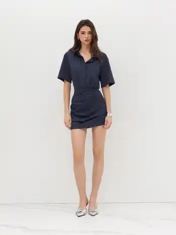 Collar Stripe Button Ruched Mini Shirt Dress