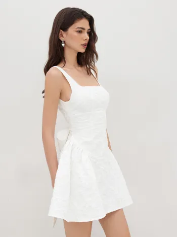 Jacquard U-neckline Floral Backless Bowknot Mini Dress