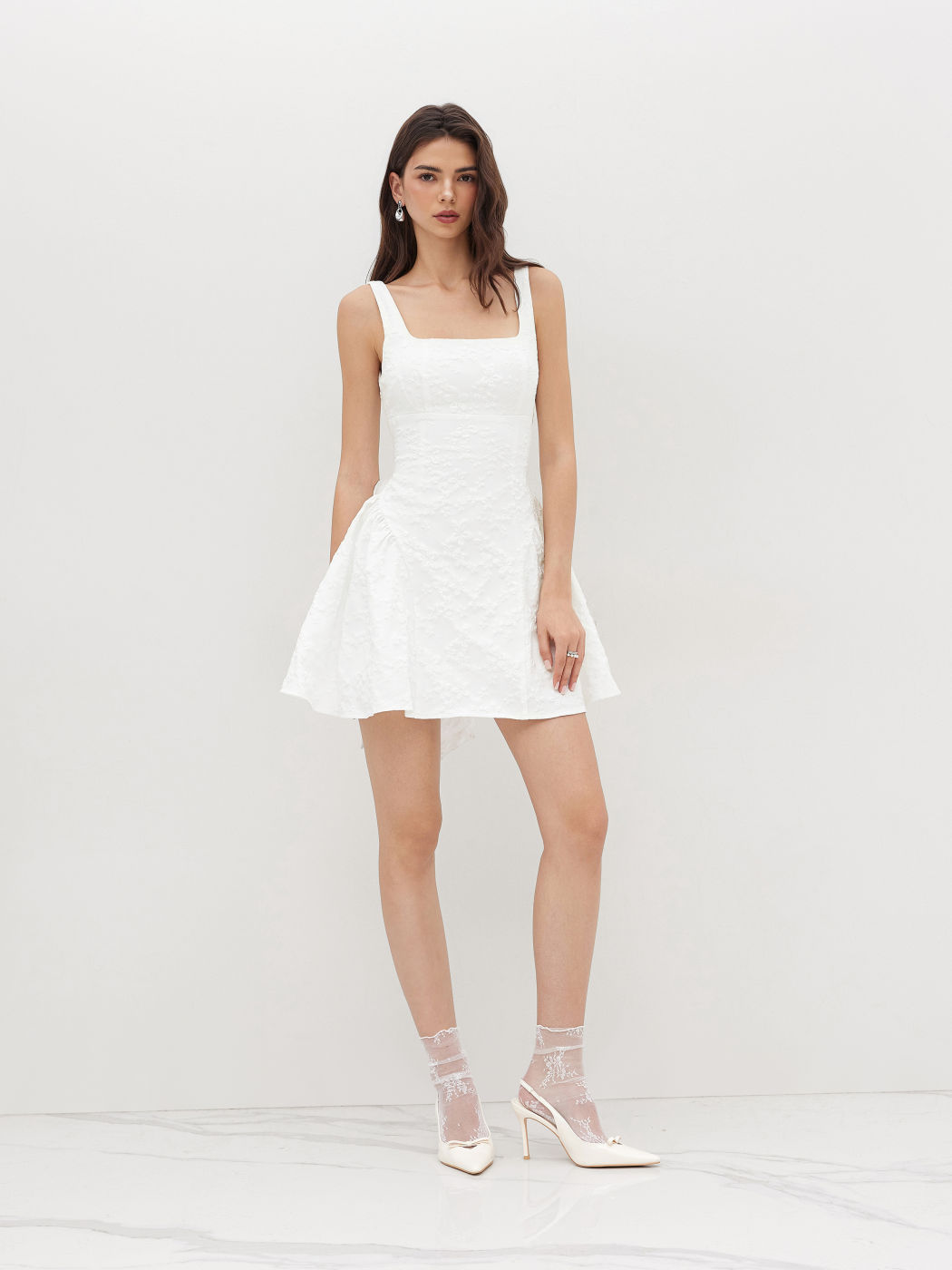 Jacquard-U-Halslinie Blumenmuster Rückenfrei Schleifen Mini Kleid