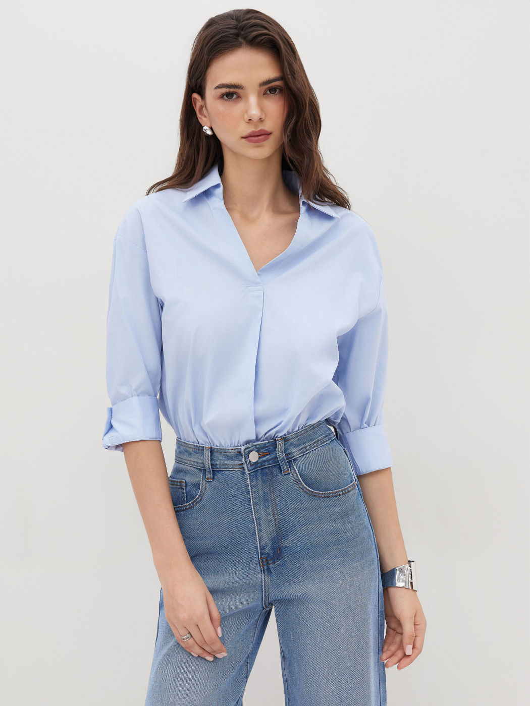 100% Baumwolle Kragen Roll-up Ärmel Shirt-Bodysuit