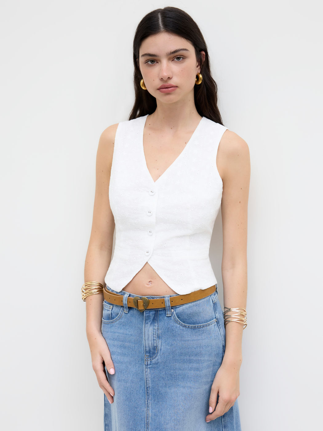 Cotton V-neck Broderie Anglaise Split Bowknot Tank Top