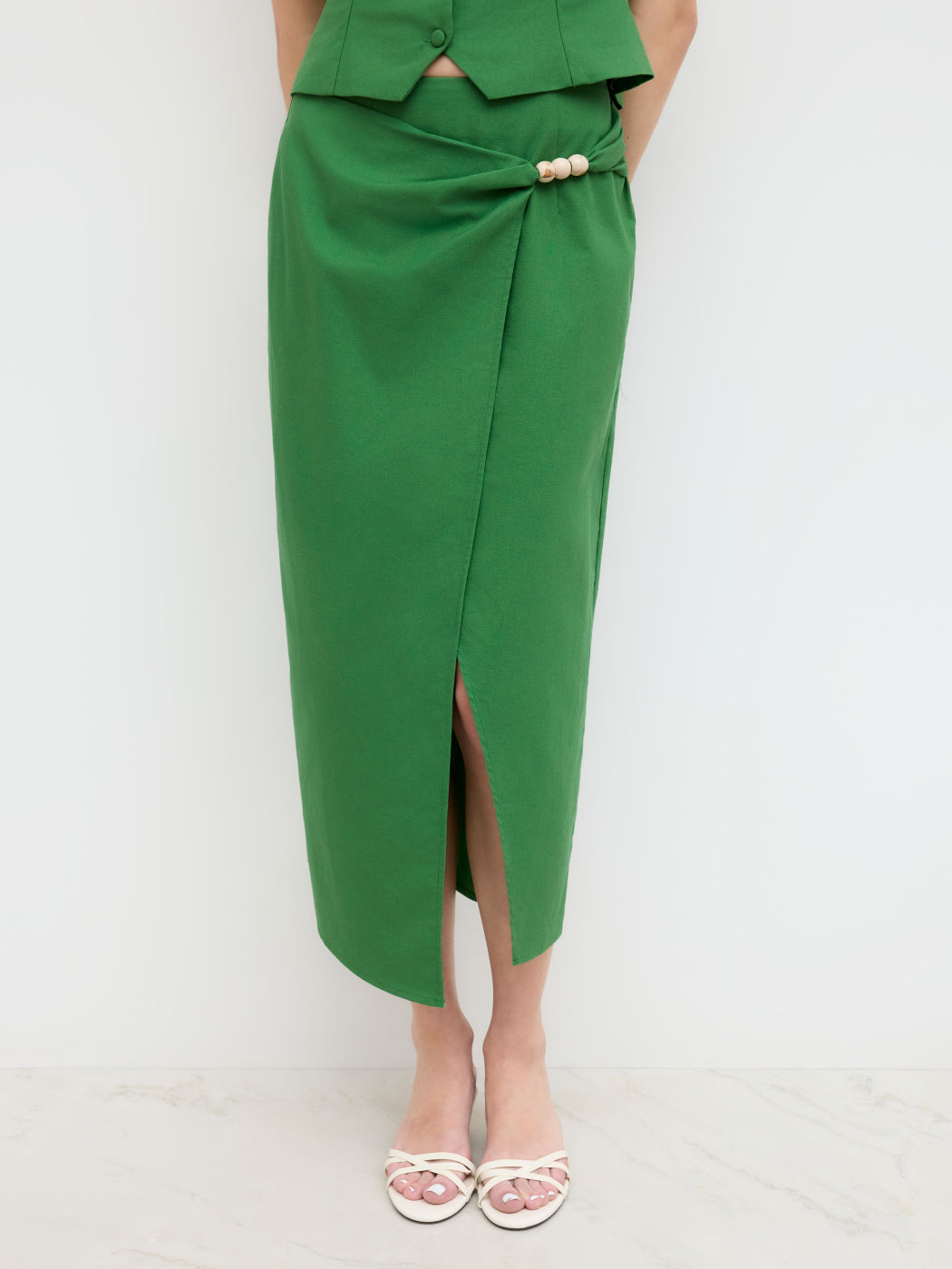 Linen-blend High Rise Beaded Split Maxi Skirt