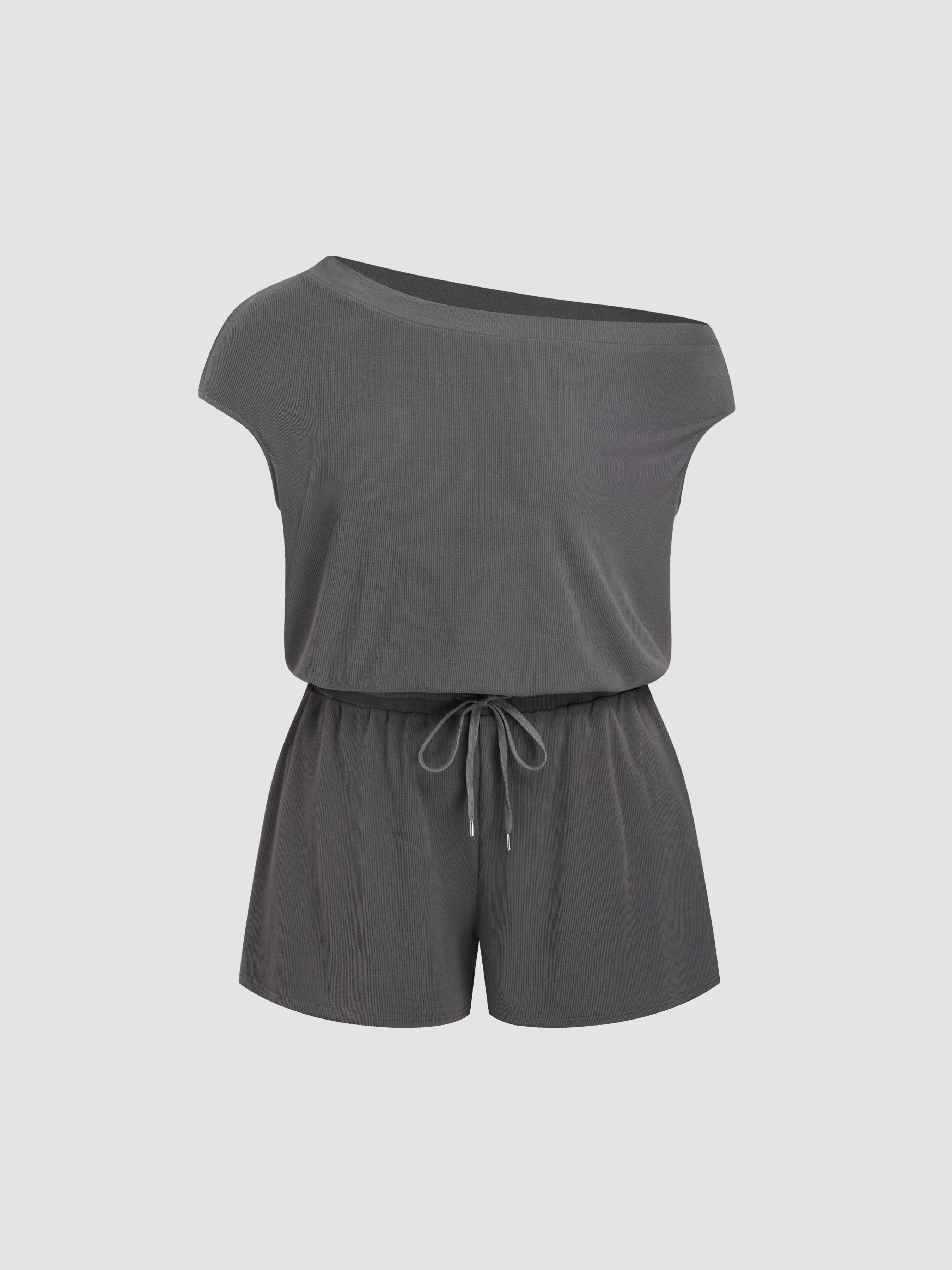 Neck Drawstring Knit Fabric Asymmetrical Neck Drawstring Romper Curve & Plus For Daily ...
