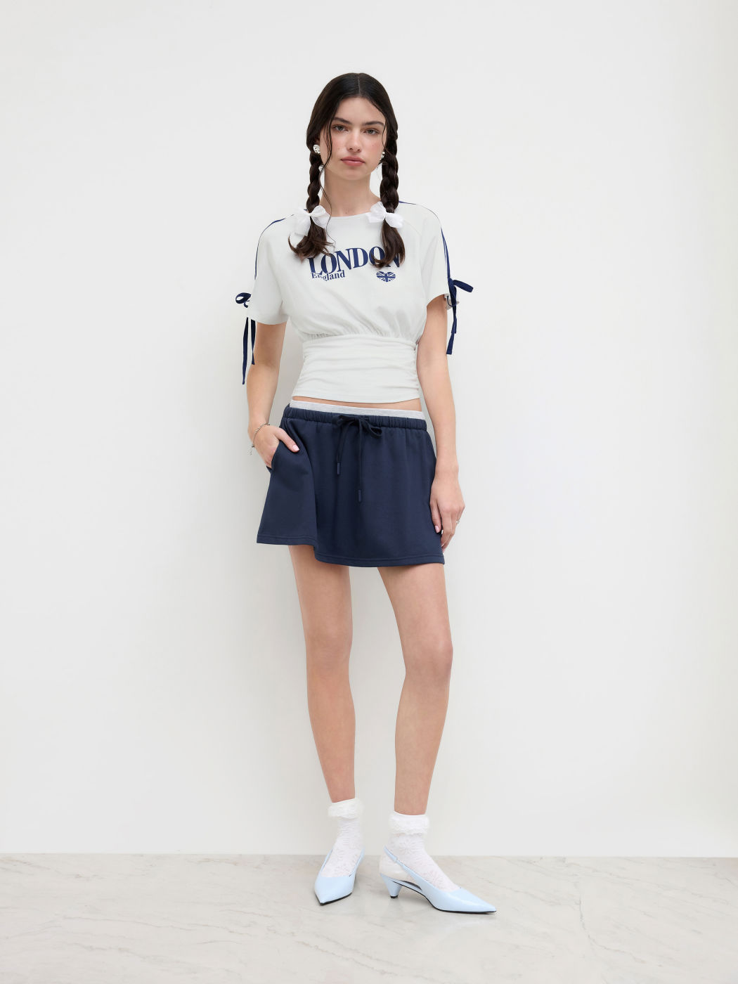 England London Cotton-blend Graphic Side Stripe Bowknot Ruched Tee