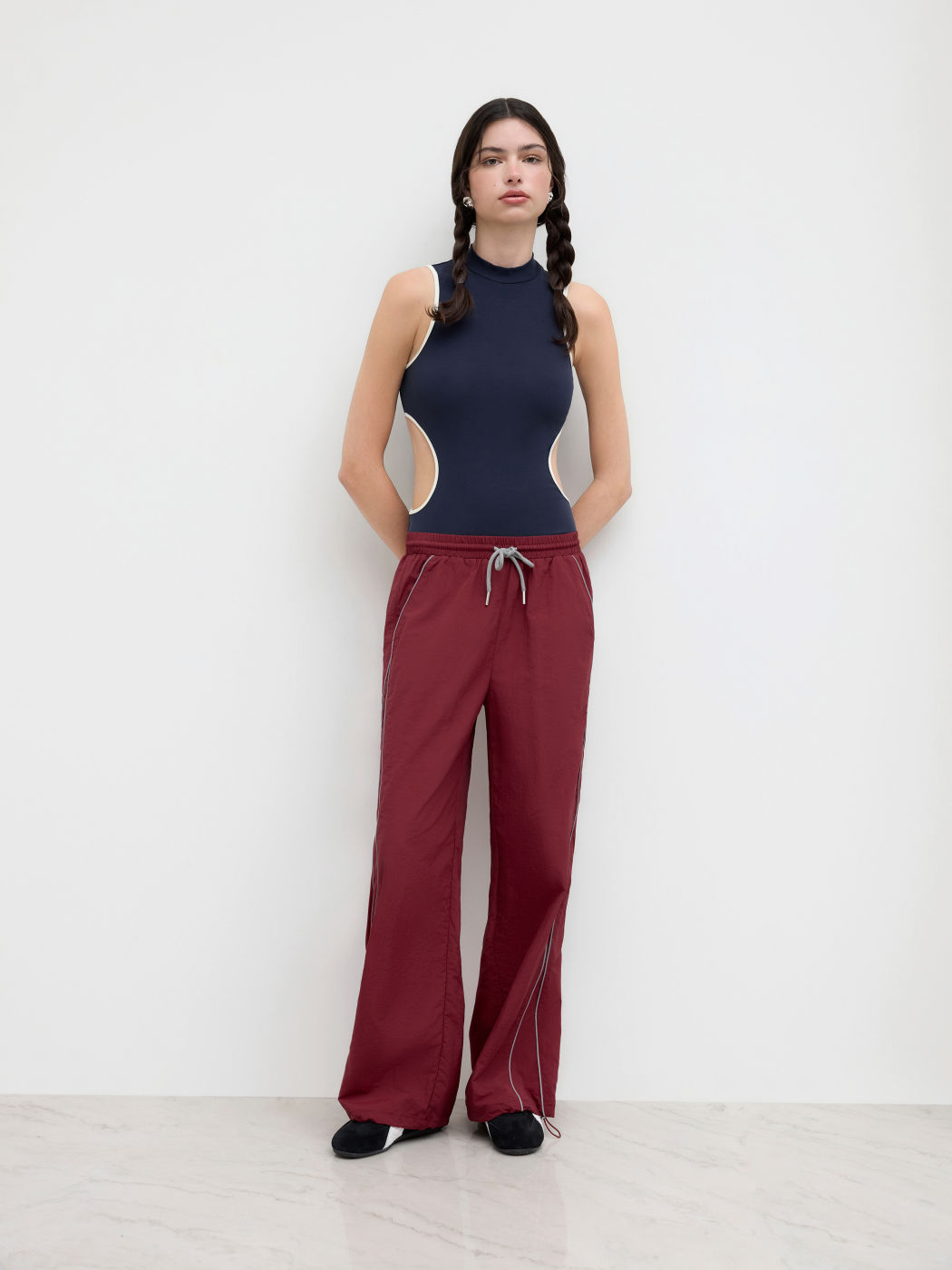 Cotton-blend High Neck Contrasting Binding Cut Out Bodysuit