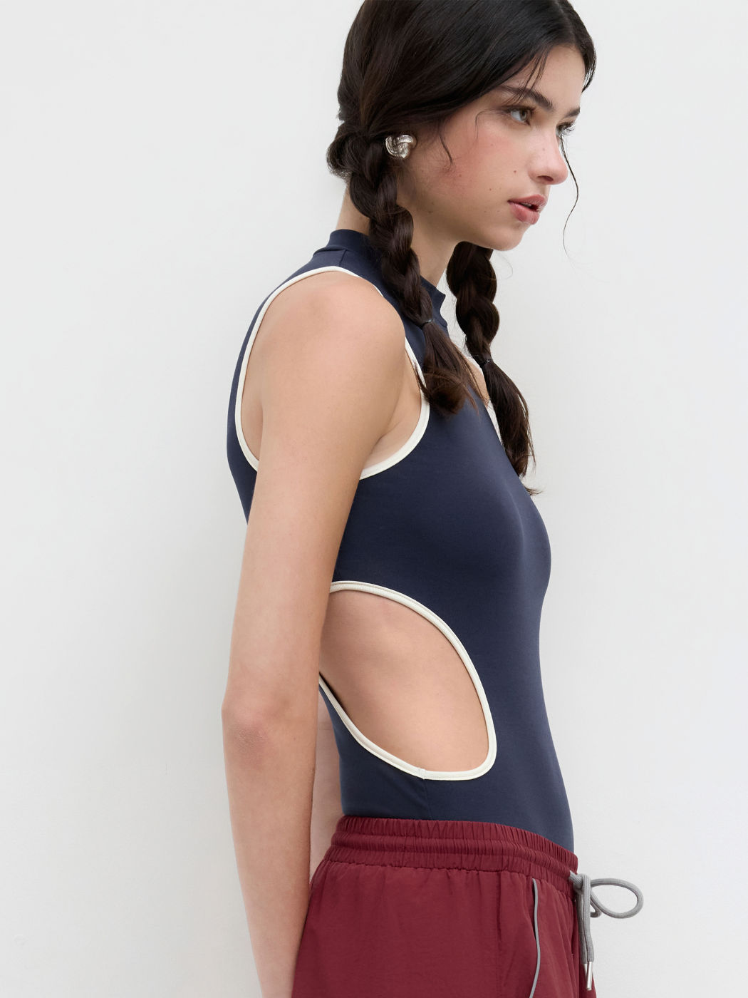 Cotton-blend High Neck Contrasting Binding Cut Out Bodysuit