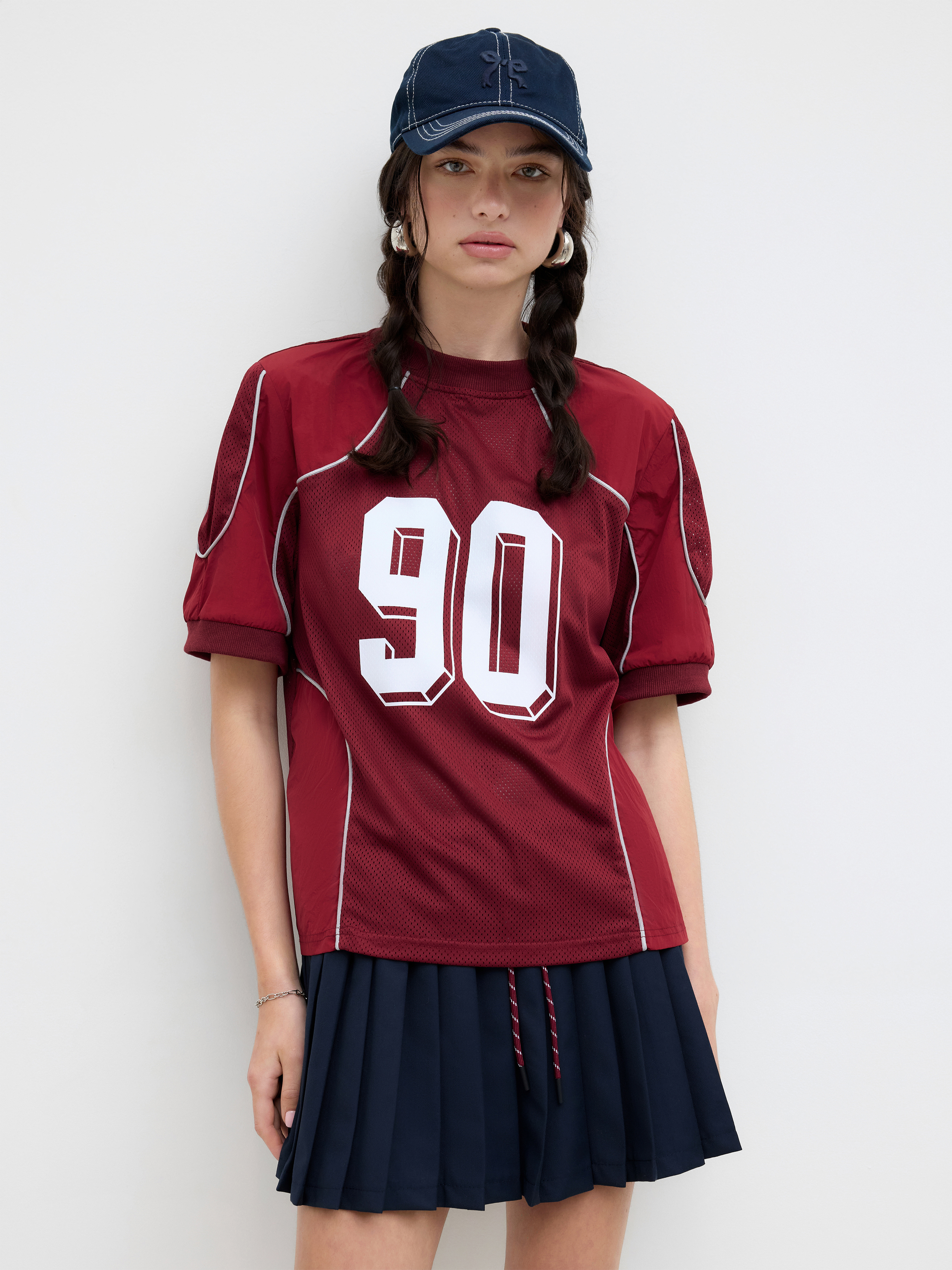 90 Graphic Mesh Contrasting Binding Oversized Tee