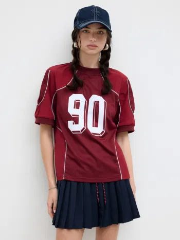 90er-Grafik-Mesh-T-Shirt mit Kontrastborten, Oversize