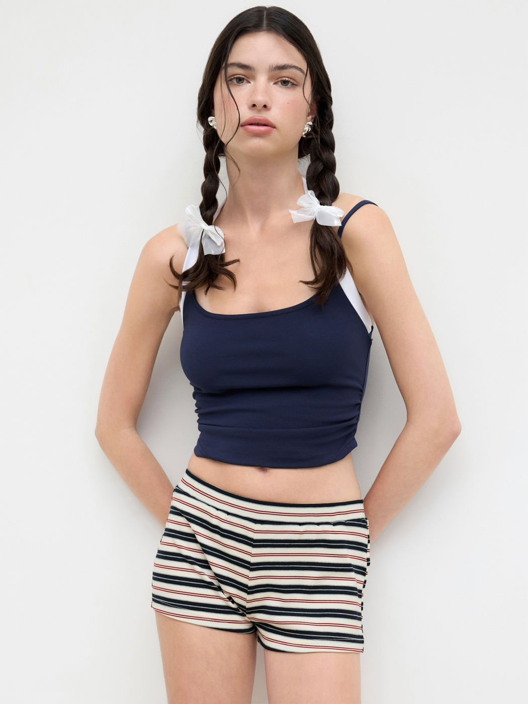 Cotton-blend Halter Neckline Ruched Knotted Cami Top