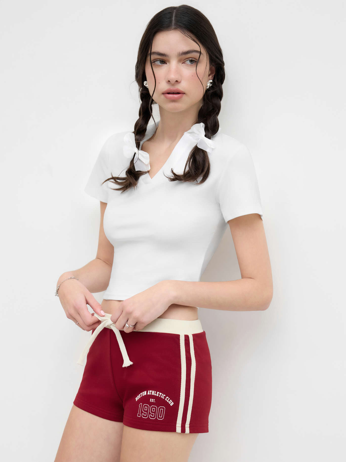 Knit Fabric Collar Solid Short Sleeve Tee For Daily Casual