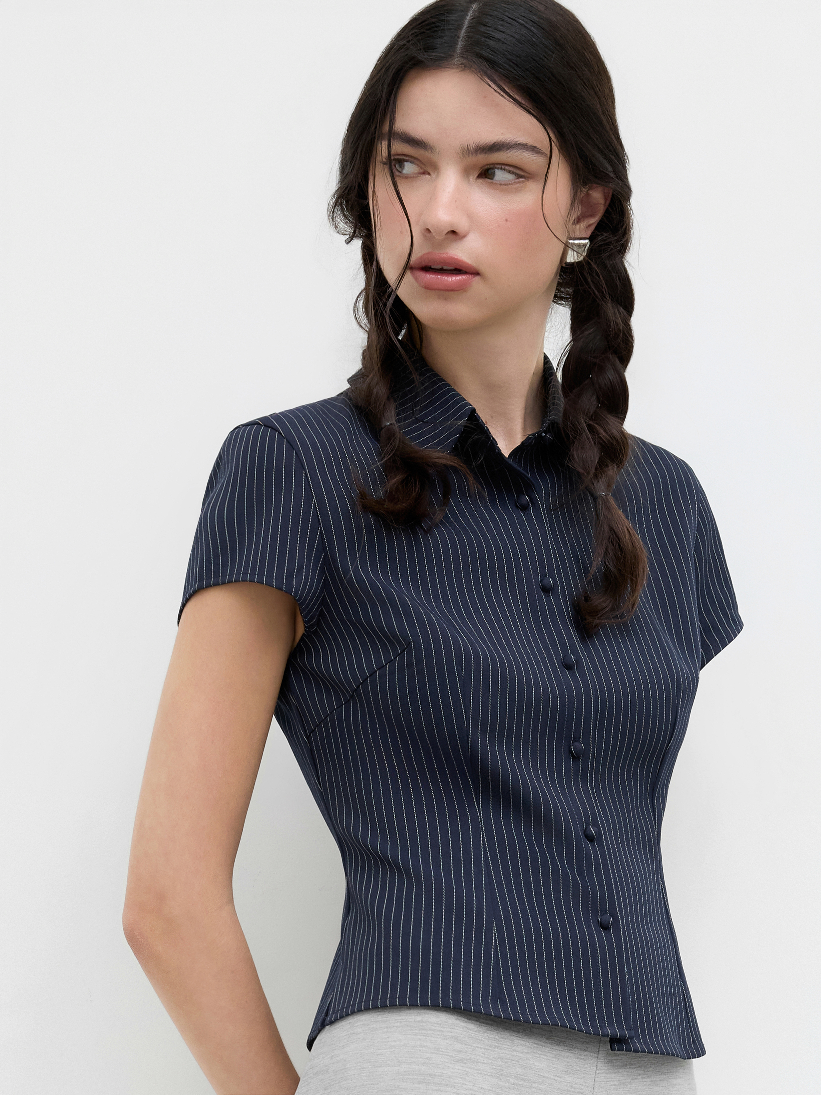 Woven Collar Stripe Short Sleeve Shirt For School