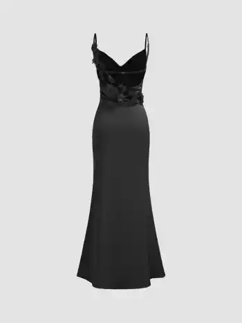 Satin Cowl Neck 3D Floral Ruched Mermaid Maxi Dress