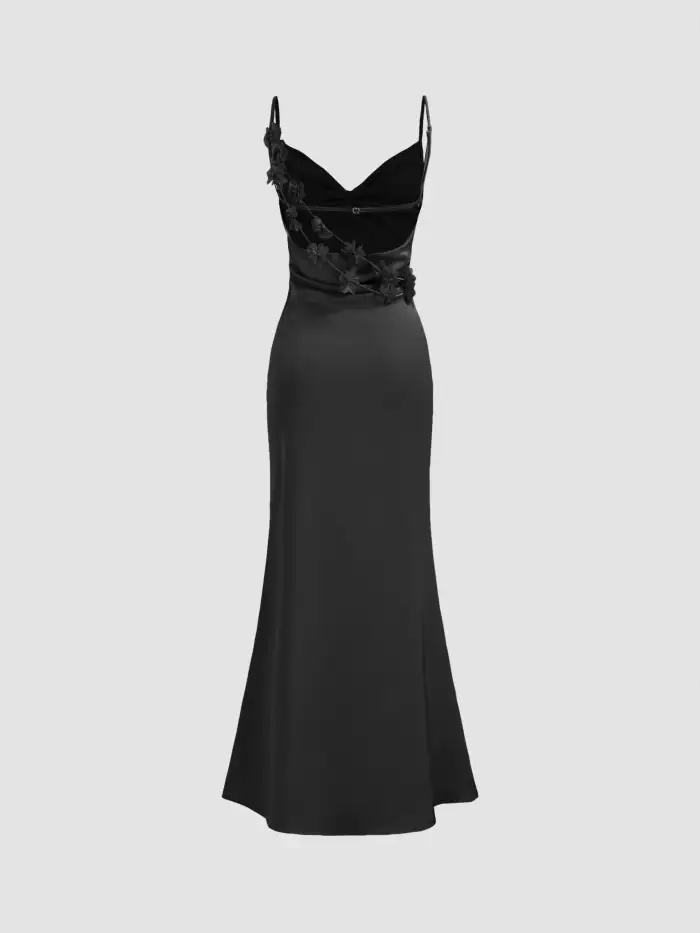 Wedding Guest Dress Summer Vacation Dresses Satin Satin Cowl Neck 3D Floral Ruched Mermaid Maxi Dress For Party/Clubbing