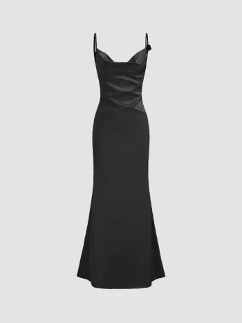 Satin Cowl Neck 3D Floral Ruched Mermaid Maxi Dress
