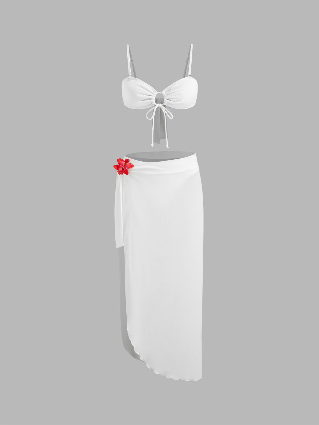 V-neck Cut Out Knotted Bandeau Cheeky Bikini Set With Flower Sarong