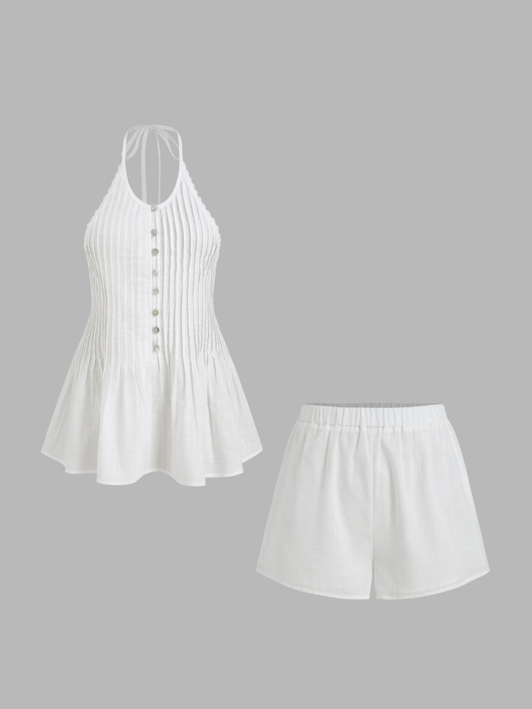 100% Cotton Halter Neckline Pleated Ruffle Top & Mid Rise Elastic Waist Shorts Set