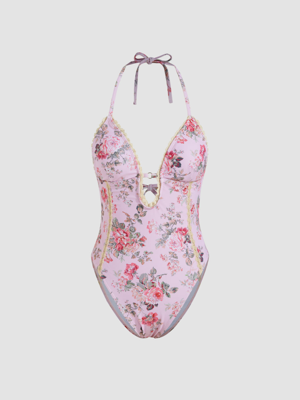 Shaping Sweetheart Floral Cut Out Lace Trim One Piece Swimsuit