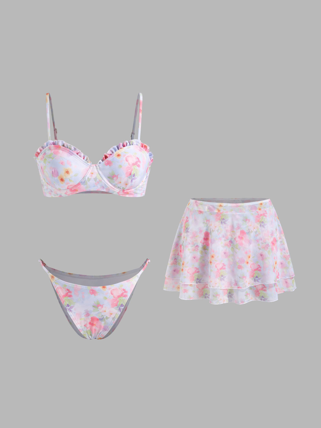 Sweetheart Floral Lettuce Trim Underwire Bikini Set With Layered Cover Up Skirt