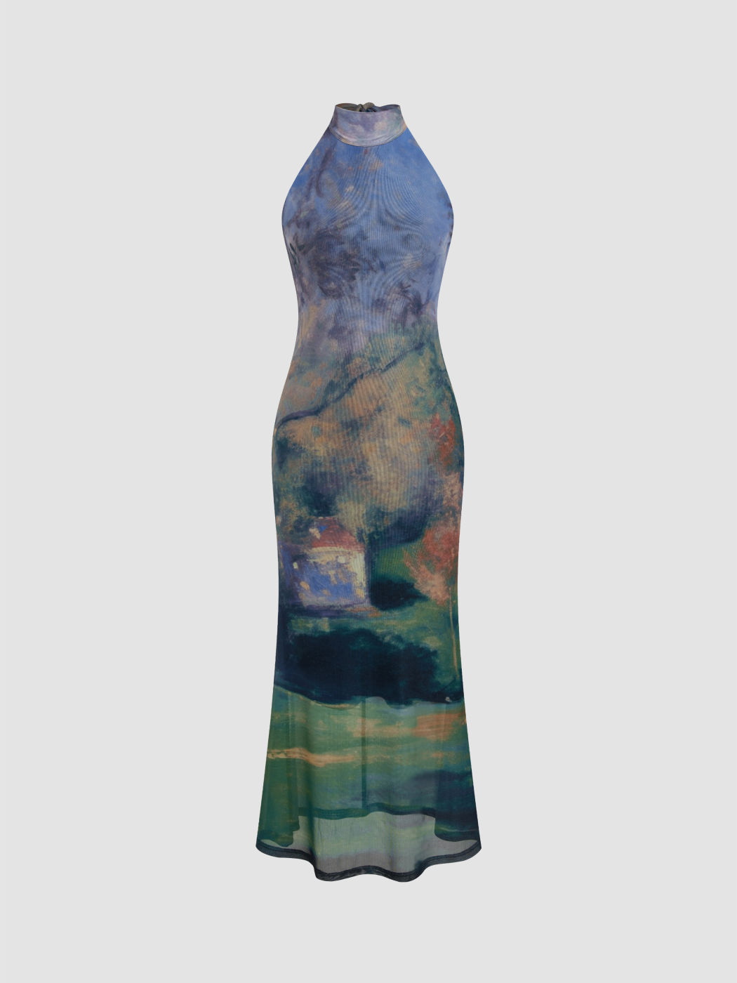 Mesh Halter Neckline Landscape Print Knotted Maxi Dress