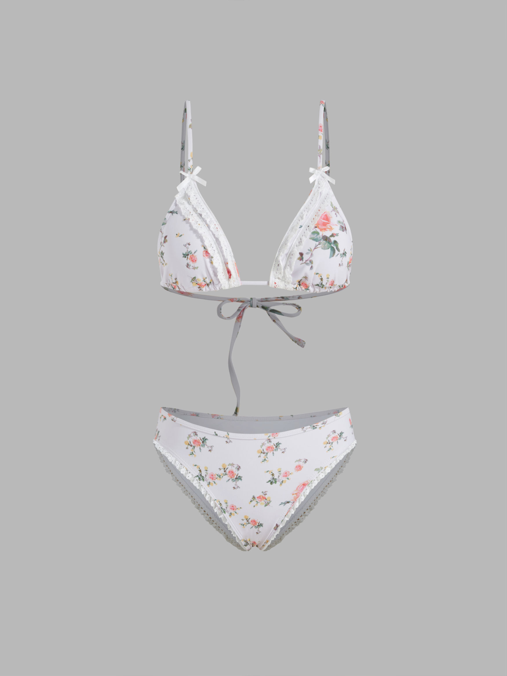 V-neck Floral Lace Trim Bowknot Triangle Cheeky Bikini Set