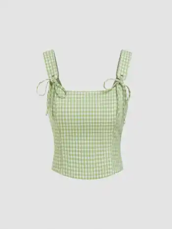 U-neckline Gingham Bowknot Crop Tank Top & Mid Rise Mini Skirt Set