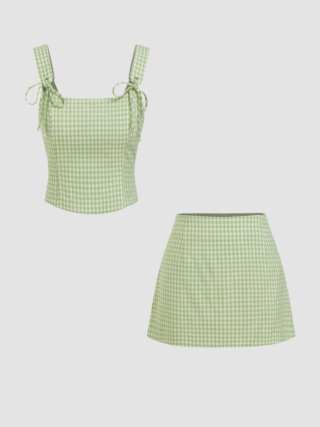 U-neckline Gingham Bowknot Crop Tank Top & Mid Rise Mini Skirt Set