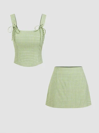 U-neckline Gingham Bowknot Crop Tank Top & Mid Rise Mini Skirt Set