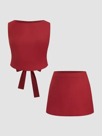 Linen-blend Boat Neckline Knotted Top With Low Rise Mini Skirt Curve & Plus