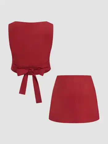 Linen-blend Boat Neckline Knotted Top With Low Rise Mini Skirt Curve & Plus