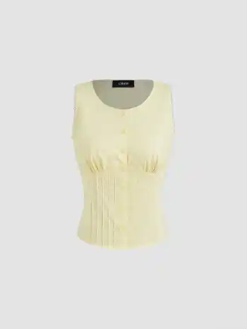 Cotton-blend Button Up Lace Trim Tank Top