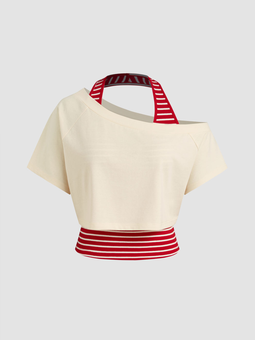 Cotton-blend Asymmetrical Neck Tee With Halter Neckline Stripe Top