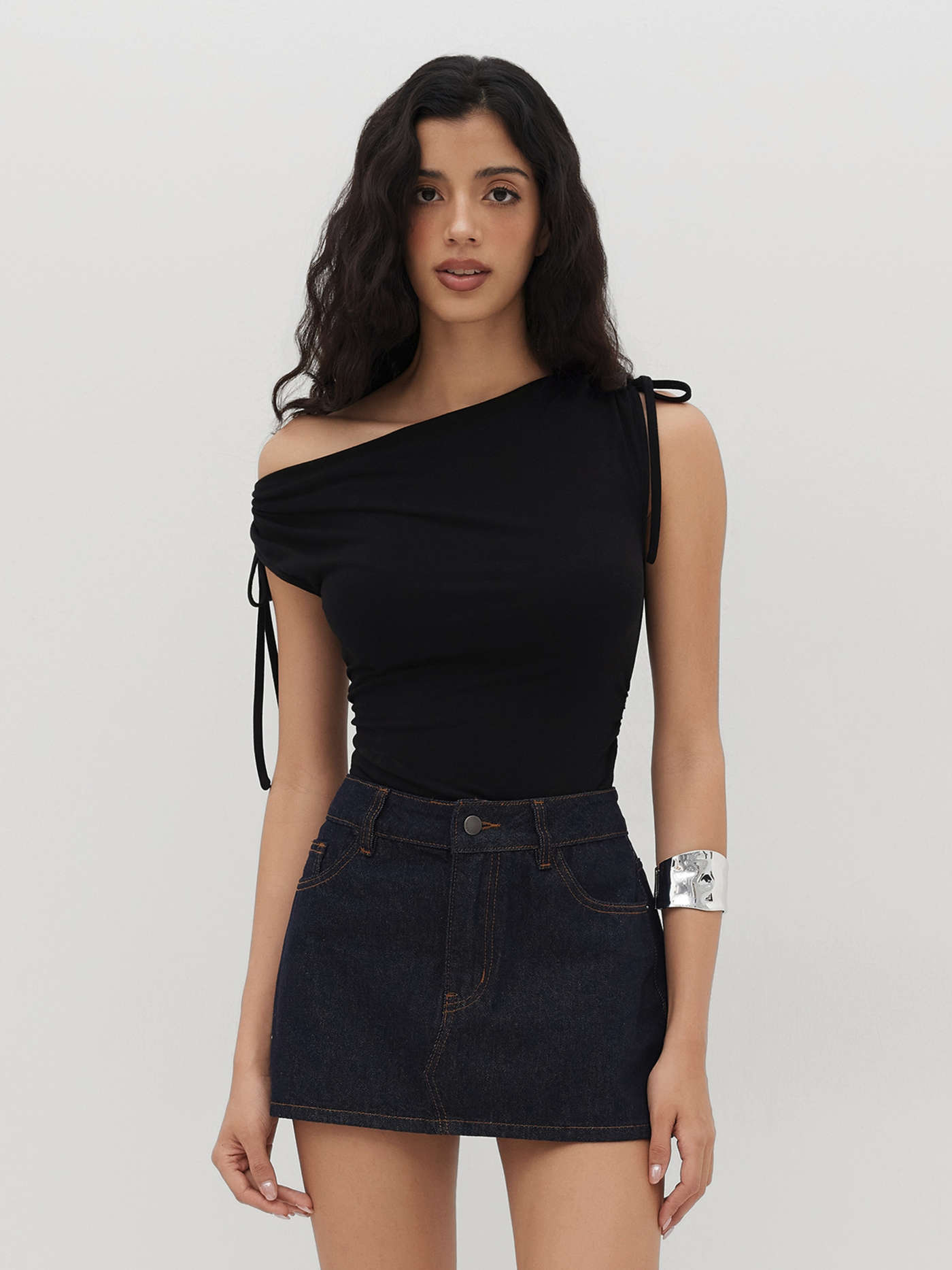 Asymmetrical Neck Drawstring Ruched Bodysuit