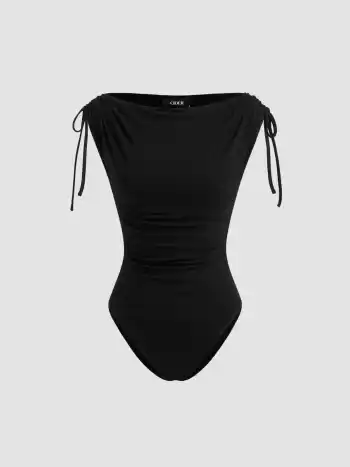 Asymmetrical Neck Drawstring Ruched Bodysuit