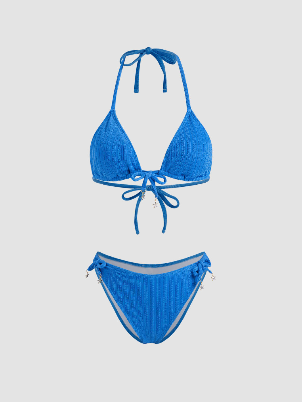 Texture Halter Neckline Starfish Detail Bowknot Triangle Cheeky Bikini Set