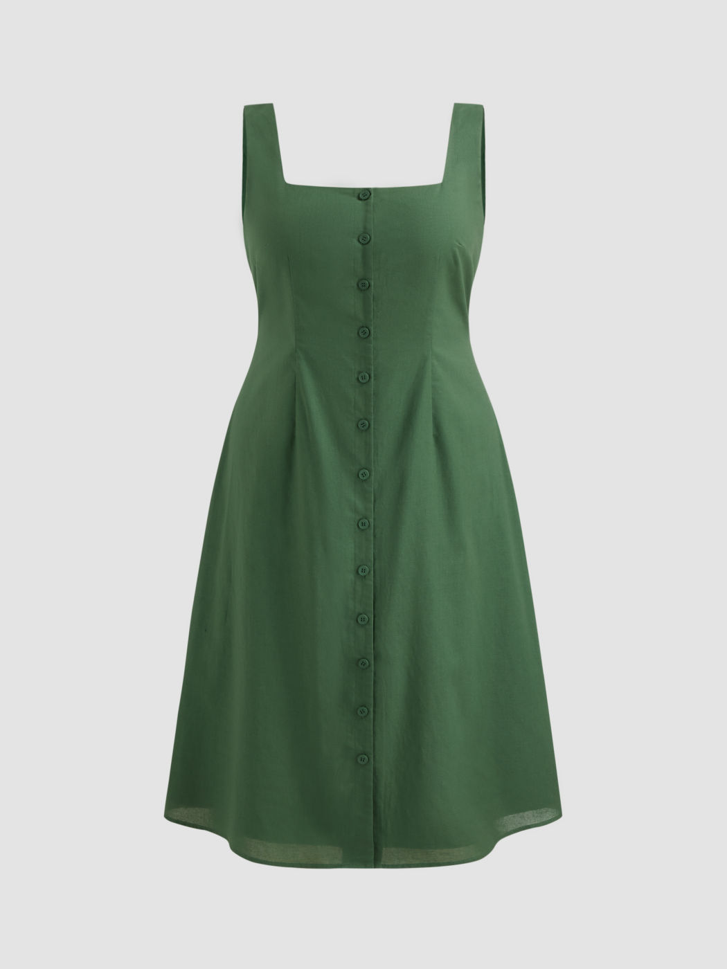 Linen-blend Square Neck Button Through Shirred Midi Dress Curve & Plus