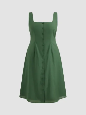 Linen-blend Square Neck Button Through Shirred Midi Dress Curve & Plus